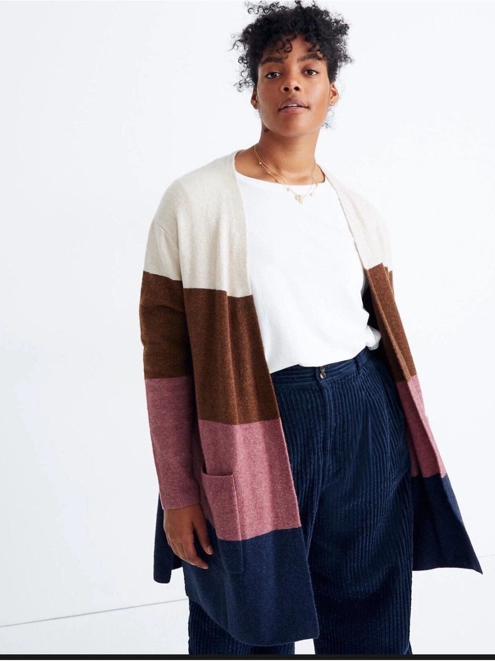 Madewell Cardigan Women S Kent Striped Coziest Yarn Blue Brown Alpaca Open Front